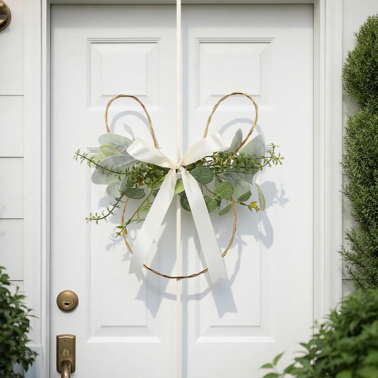 Rustic Farmhouse Easter Bunny Wreath – Spring Door & Wall Decor with Lamb’s Ear Greenery and Satin Bow, Indoor & Outdoor